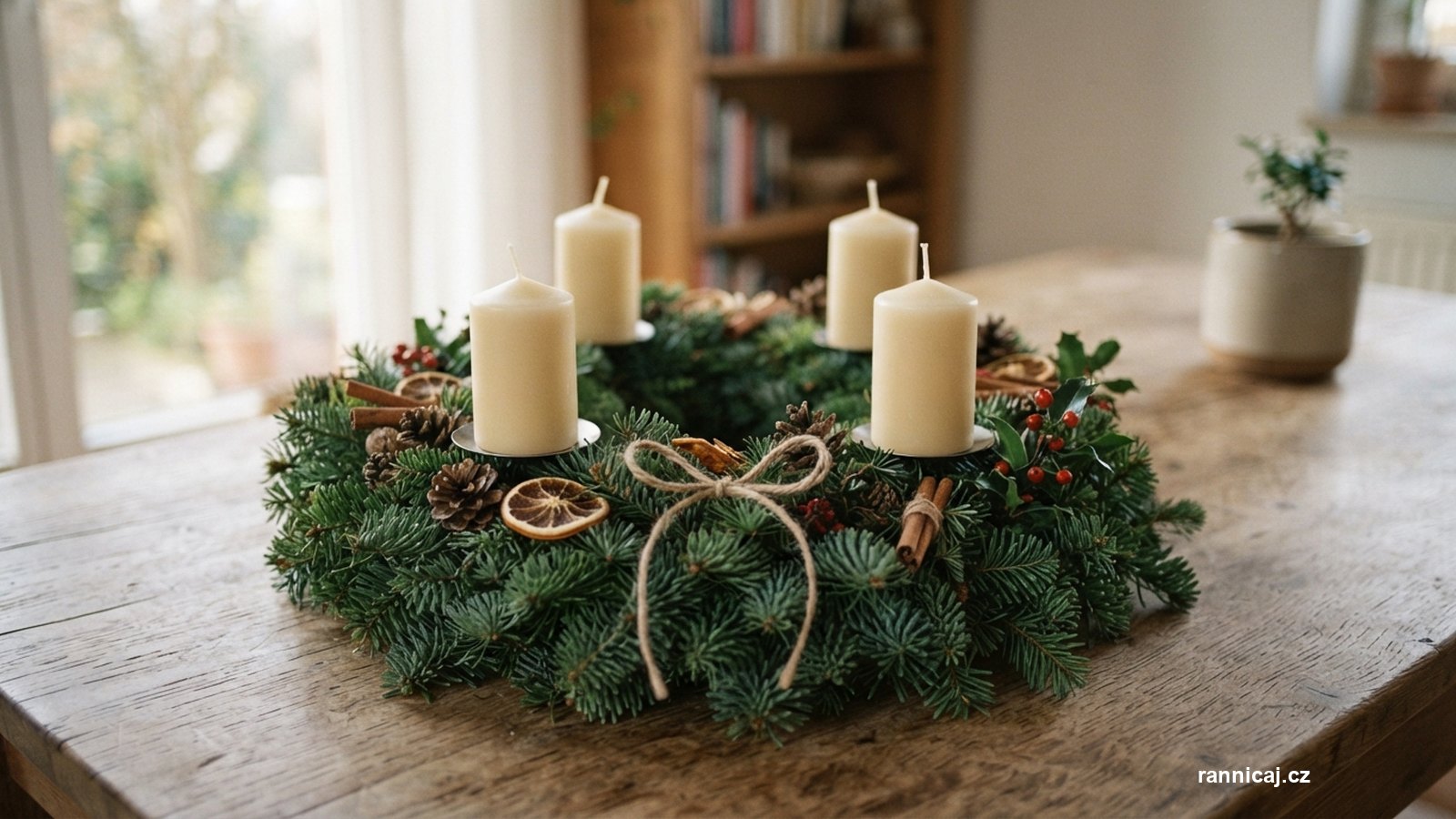 Adventní věnec z jedlového chvojí se čtyřmi svíčkami na dřevěném stole