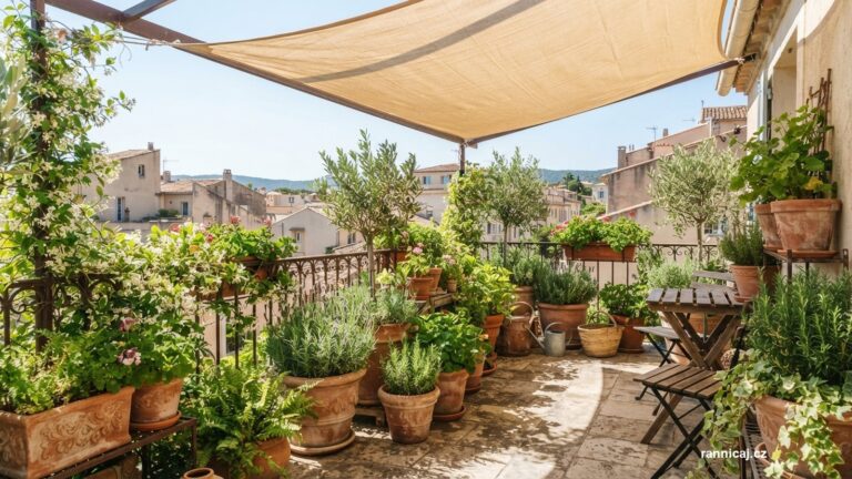 Slunný balkon s květináči a stínicí plachtou nad hlavou