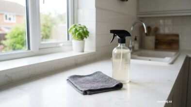 Čistá kuchyňská deska s hadříkem a rozprašovačem