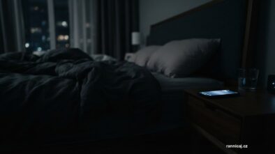 Světlo telefonu na nočním stolku v setmělé ložnici