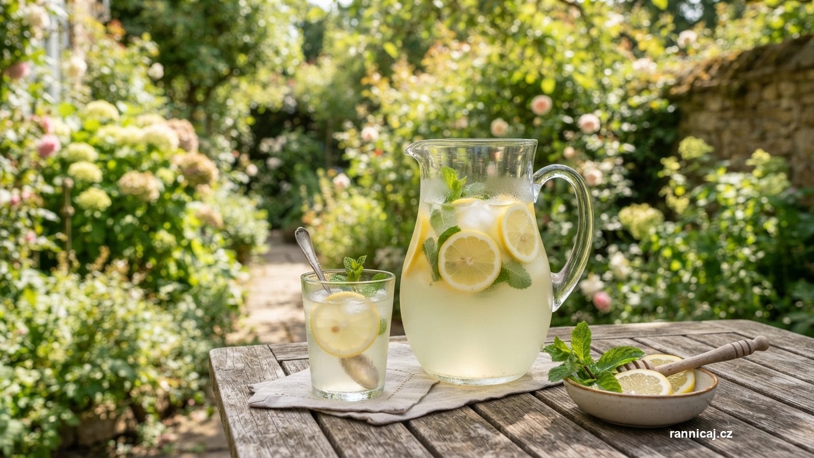 Skleněný džbán s limonádou, plátky citronu a mátou