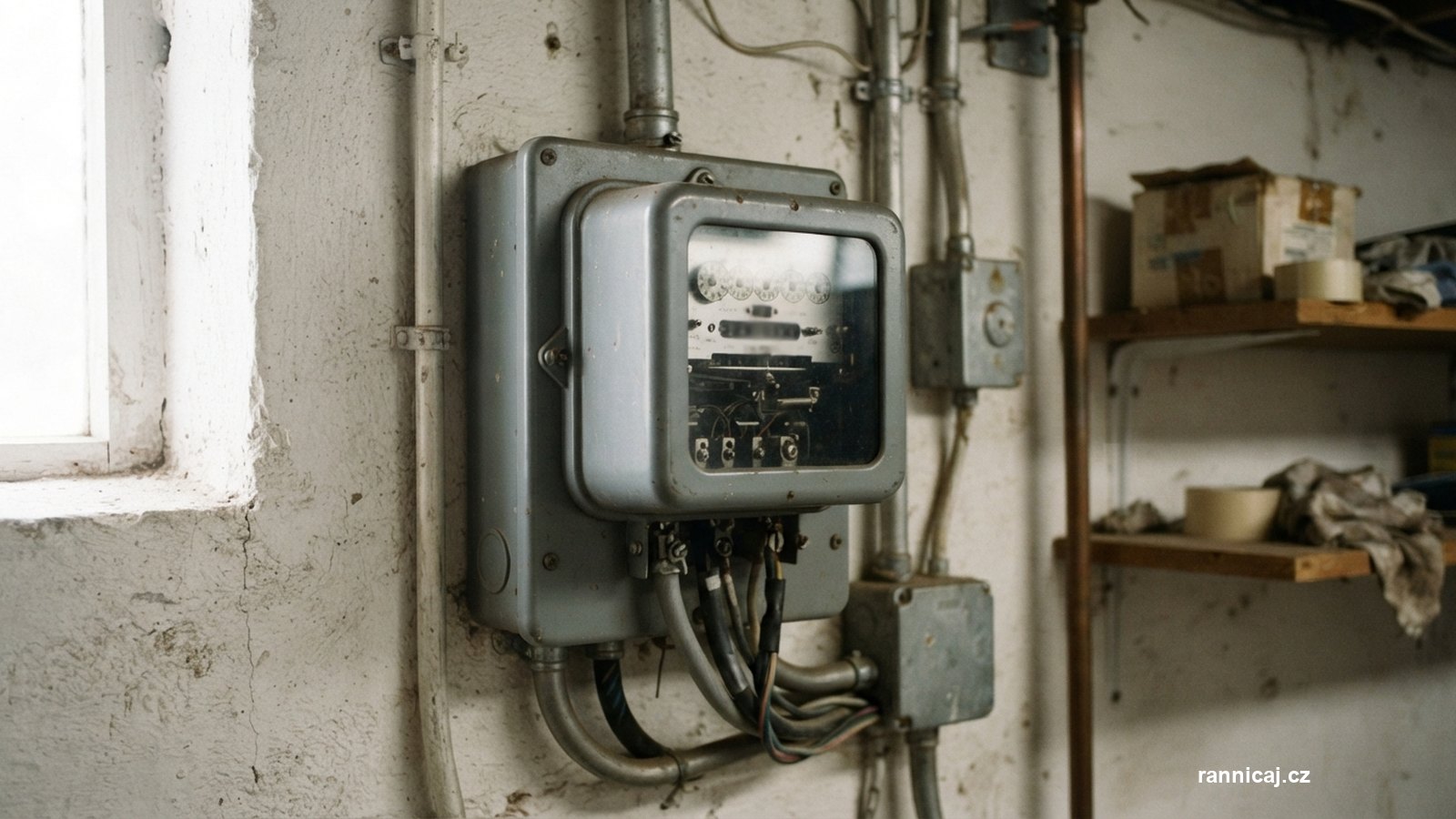 Elektroměr na stěně v technické místnosti