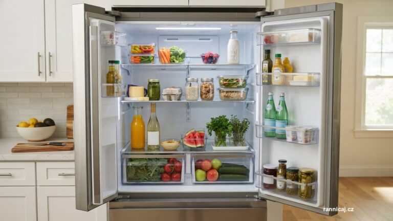 Otevřená lednice s přehledně uspořádanými potravinami