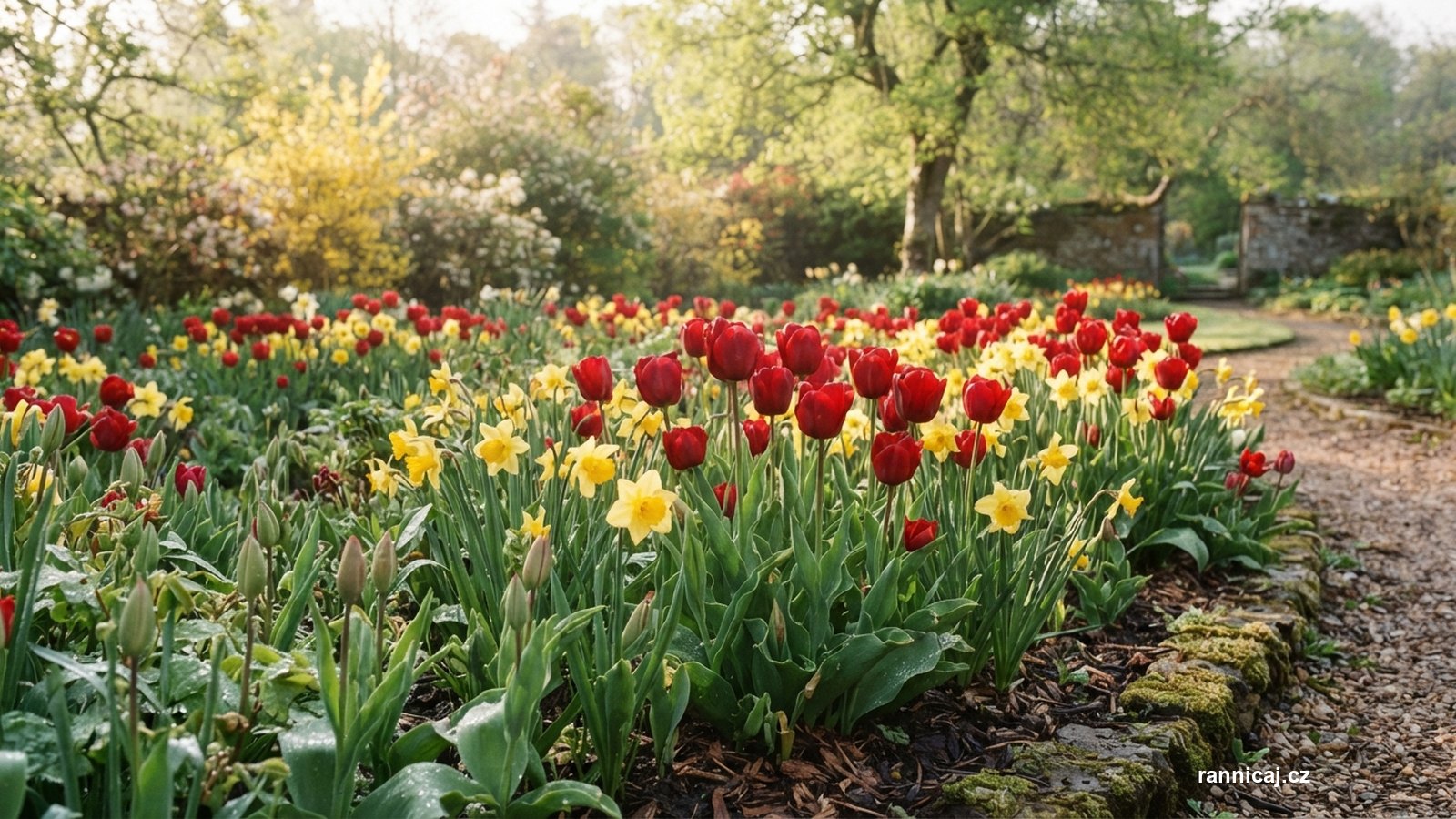 Rozkvetlé tulipány a narcisy na jarním záhonu