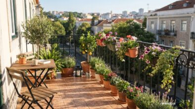 Uklizený balkon s dlažbou a květinami