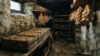 Sklep s bednami mrkve v písku a zásobou brambor a cibule