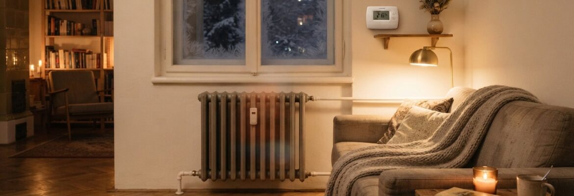 Obývací pokoj s radiátorem pod oknem a termostatem na stěně