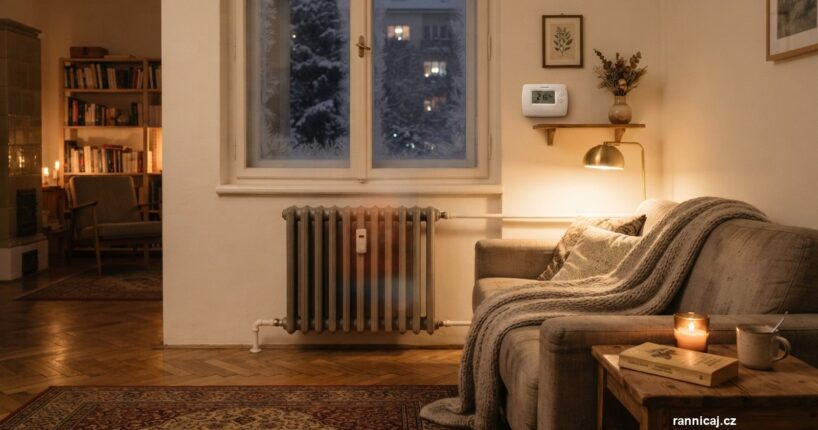 Obývací pokoj s radiátorem pod oknem a termostatem na stěně