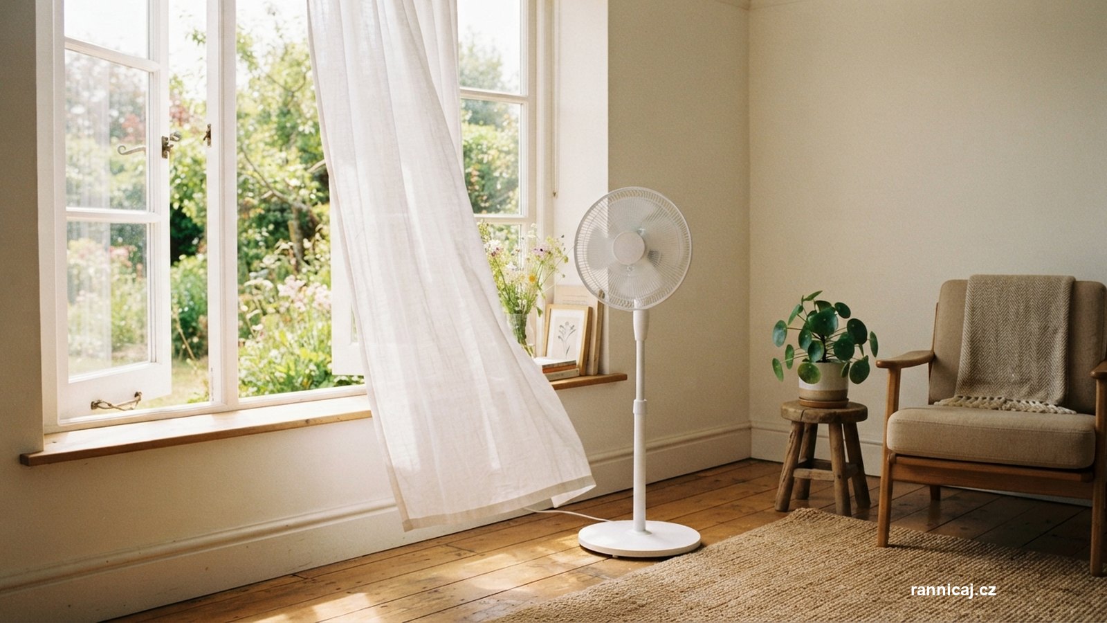 Stojanový ventilátor u otevřeného okna s rozevlátou záclonou