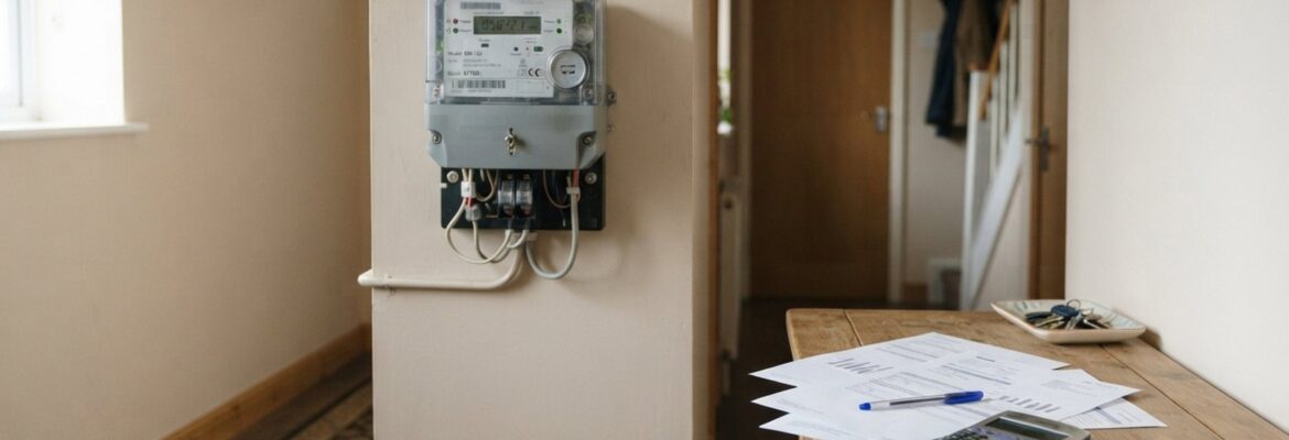 Elektroměr na stěně a papíry s kalkulačkou na stole