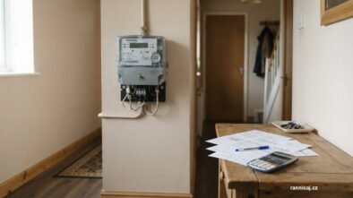 Elektroměr na stěně a papíry s kalkulačkou na stole